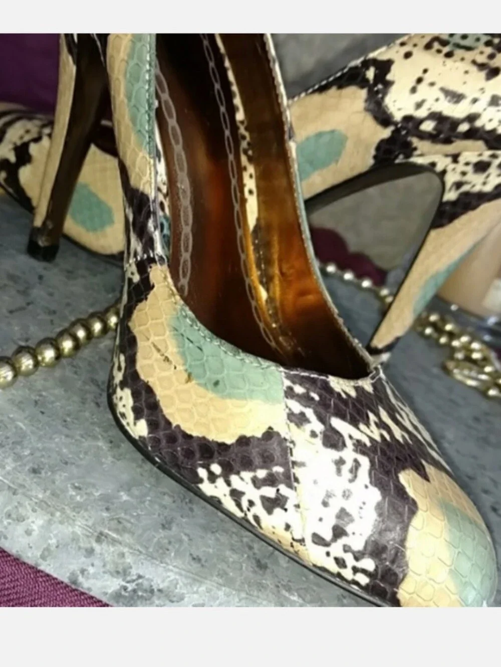 CHARLES DAVID Gold Sole Snakeskin Pumps Size 7